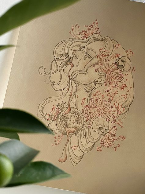 Greek Goddess Art Persephone, Persephone Shoulder Tattoo, Persephone And Medusa Tattoo, Persephone Tattoo Pomegranates, Goddess Persephone Tattoo, Persephone Drawing Greek Mythology, Hades And Persephone Tattoos, Feminine Greek Mythology Tattoos, Perspherone Goddess Tattoo