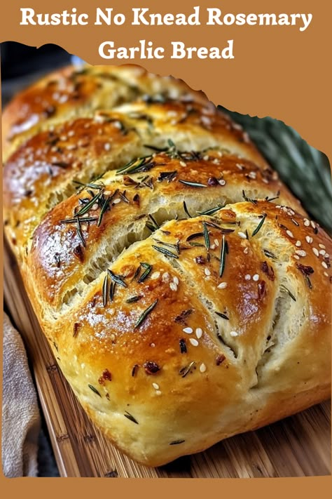 This Rustic No Knead Rosemary Garlic Bread is full of flavor, with aromatic rosemary and garlic throughout. The best part? You don't need to knead the dough! Just let it rise, shape, and bake for a perfect homemade bread with a crispy crust and soft, fluffy interior. 😋✨ No Knead Rosemary Garlic Bread, Rustic No Knead Rosemary Garlic Bread, Rosemary Foccacia Bread, Herb Bread Recipe, Rustic Bread Recipe, Focaccia Recipes, Rosemary Garlic Bread, Garlic Herb Bread, Crusty Bread Recipe