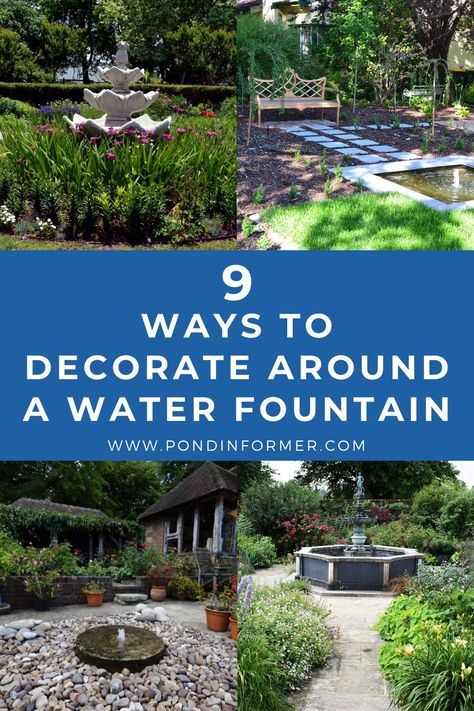 Landscape Fountain Ideas Front Yards, Flower Bed With Water Fountain Garden Ideas, Fountain On Deck, Fountain Garden Landscaping, Gardens With Fountains Landscaping, Water Fountain Flower Bed, Front Yard With Fountain Ideas, Fountain Landscape Design, Outdoor Water Features Landscaping Fountain Ideas