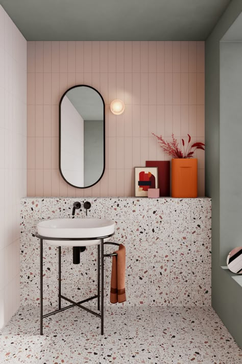 Terrazzo Tile in Bathroom Setting Bathroom Terrazzo, Earthy Bathroom, Terrazzo Bathroom, Bold Bathroom, Bad Inspiration, Terrazzo Flooring, Toilet Design, Bathroom Inspiration Decor, Downstairs Bathroom