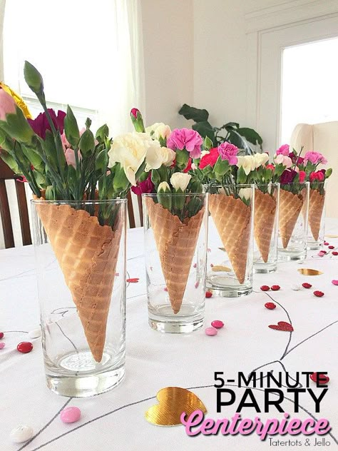 Waffle Cone Flower Centerpieces are so easy to make. In 5 minutes you can have a centerpiece for almost any kind of party including Galantines! Rustic Wedding Decorations, Ice Cream Social, Dekor Diy, Waffle Cones, בר מצווה, Ice Cream Cones, Flower Party, Ice Cream Party, Deco Floral