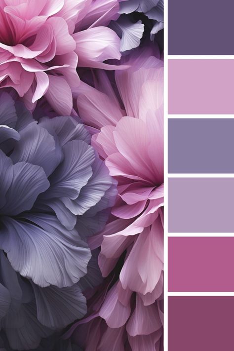 Violet Palette Colour Schemes, Purple And Pink Colour Palette, Flower Palette Color, Purple Hues Colour Palettes, Flower Pallete Color, Jewel Tone Color Palette Interior, Dusty Lilac Color Palette, Pink Color Palette Combination, Purple Shades Colour Palettes