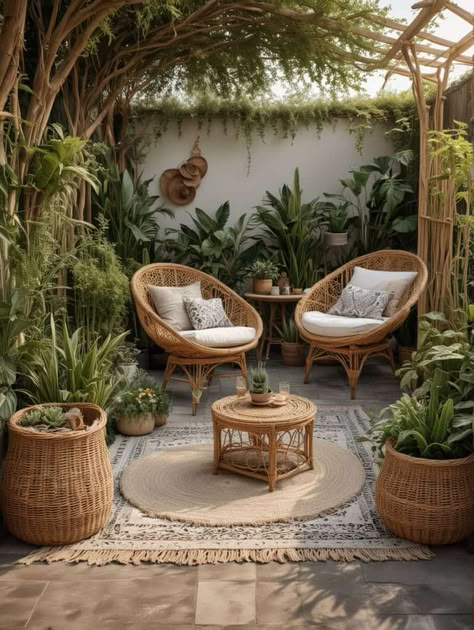 Free-Spirited Gardens: 20 Boho Chic Decor Ideas for Your Backyard - Peak Patio Life Cottage Outdoor Furniture, Boho Deck Patio, Boho Backyard Ideas, Outdoor Boho Patio, Boho Landscaping, Boho Courtyard, Modern Boho Patio, Tropical Patio Ideas, Pebble Garden Ideas