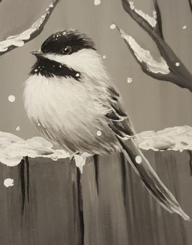 Chickadee Painting, Starfish Painting, Chickadee Art, Paint Nite, Chickadees, Winter Bird, Delicious Drinks, Creative Event, Red Deer