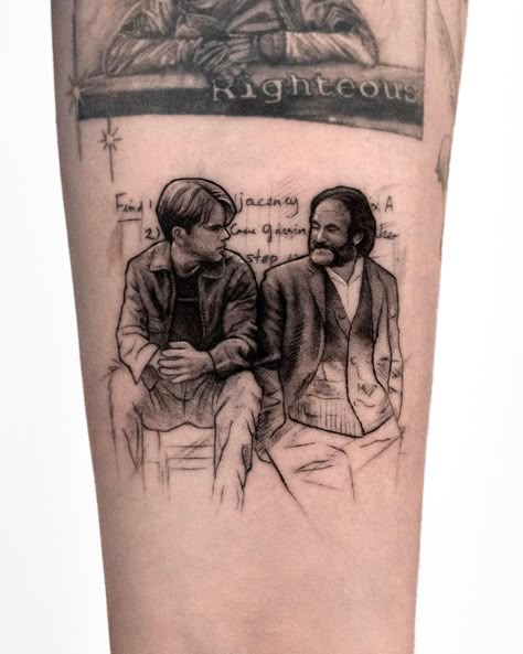 Kenneth Ink | - Good Will Hunting, Will and Sean, flash design. It is always fun to render different textures within a realism piece. Adding rough… | Instagram Good Will Hunting Tattoo, Tattoo Sleeves, Movie Tattoo Ideas, Film Tattoo, Movie Inspired Tattoos, Hunting Tattoos, Good Will Hunting, Movie Tattoo, Movie Tattoos