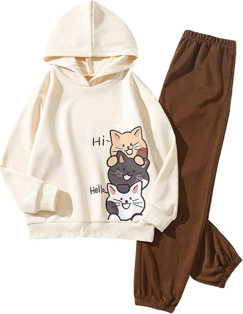 Amazon.com: SOLY HUX Girl's 2 Piece Outfits Cute Cartoon Print Long Sleeve Hoodies Sweatshirt Tops and Sweatpants Set Grey Cat Print 8Y: Clothing, Shoes & Jewelry Hoodies For Girls Cute, Clothes 12-13, Hudi Item Girl, Clothes For Girls 10-12, Hoodie For Girls Fashion, Anime Clothes Outfits, Winter Hoodie Outfit, Clothes From Shein