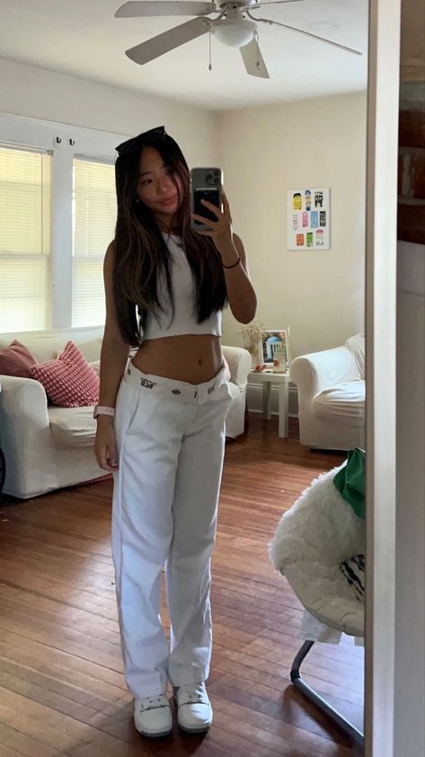 #fashion #aesthetic #neutral white dickies pants summer style #summer #outfitideas #outfits #outfitstyle White Puffer Outfit, White Dickies Pants, Dickies Pants Outfits Women, Dickies Outfit, White Dickies, Puffer Outfit, White Pants Outfit, Aesthetic Neutral, White Puffer