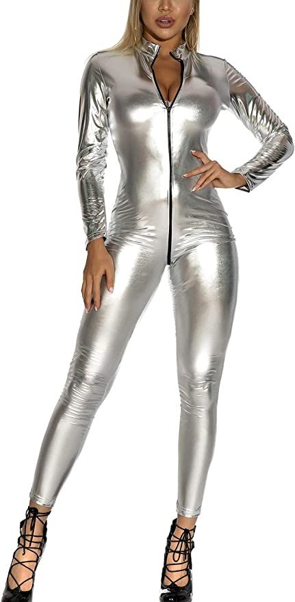 Futuristic Fashion Women, Silver Bodysuit, Metallic Jumpsuit, Spandex Catsuit, Metallic Leotard, Metallic Jumpsuits, Metallic Bodysuit, Leather Bodysuit, Bodysuit Jumpsuit