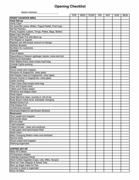 New Restaurant Checklist, Coffee Bar Checklist, Coffee Shop Checklist, Restaurant Manager Tips, Opening A Restaurant Checklist, Restaurant Opening Checklist, Restaurant Manager Checklist, Restaurant Organization Ideas, Cafe Checklist