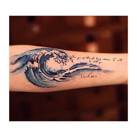 Isaiah + wave Love Of Water Tattoo, Oceans Song Tattoo, Storm Waves Tattoo, Water Tattoos For Women Waves, Isaiah 43 2 Tattoo, Isaiah Tattoo, Ocean Wave Tattoo, Ocean Sleeve Tattoos, Tattoo Wave