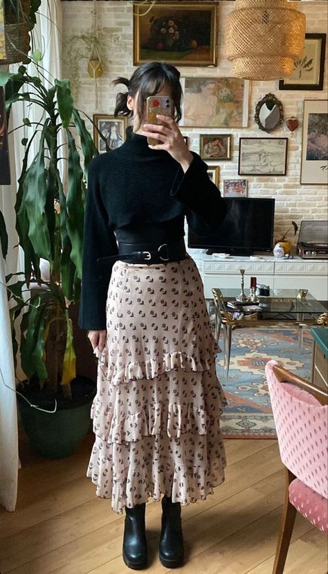 What To Wear Birthday Party Outfits, Tiered Maxi Skirt Outfit Fall, Romantic Modest Outfit, Winter Boho Dress, Witchy Professional Outfits, Witchy Winter Outfits Cold Weather, Professional Witchy Outfits, Cottagecore Professional Outfits, Cute Modest Dresses Casual