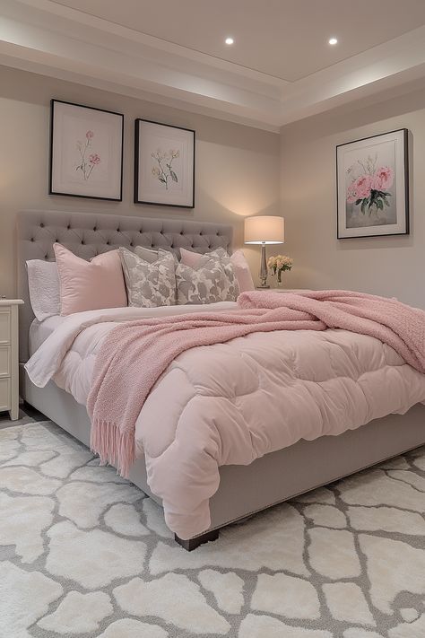 Grey And Pink Aesthetic Bedroom, Room With Grey Bed Frame, Grey Pink White Bedroom Ideas, Pink Grey Room Decor, Pink Gray And White Apartment, Black Grey And Pink Bedroom Ideas, Room Decor Bedroom Pink And Grey, Pink N Grey Bedroom, Room Decor Grey And Pink