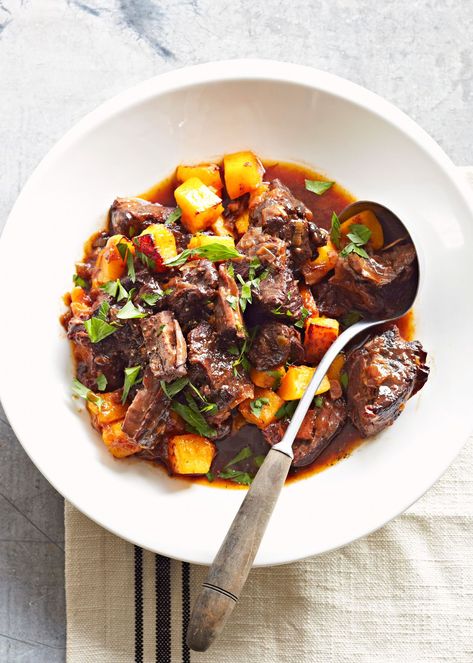 Please meat and potatoes fans with this rustic beef stew. With butternut squash instead of russets, plus bacon and a healthy glug of red wine (or, you know, half a bottle), this good dinner for a crowd goes well beyond standard steak and baked potato territory. #comfortfood #recipesforacrowd #dinnerideas #bhg Best Beef Stew Recipe, Rich Beef Stew, Fall Slow Cooker Recipes, Comfort Food Meals, Simple Sides, Plum Recipes, Chicken And Butternut Squash, Slow Cooker Stew, Irish Stew