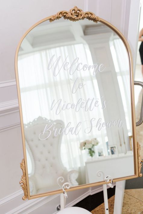 15 Best Bridal Shower Signs Welcome Sign Mirror, Bridal Shower Signage, Petals And Prosecco, Pearl Bridal Shower, Love Is In Bloom, Backyard Bridal Showers, Bridal Shower Inspo, White Bridal Shower, Bridal Shower Themes