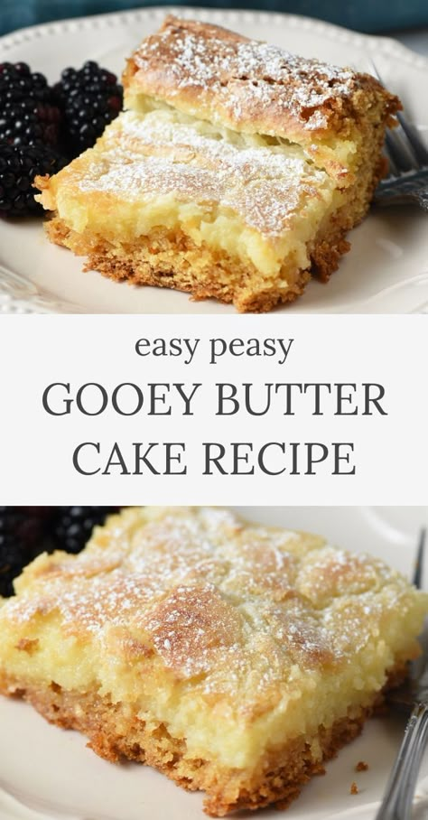 slice of edge gooey butter cake with blackberries on white plate, slice of butter cake on white plate with fork Ooey Gooey Butter Cake, Dessert Halloween, Gooey Cake, Kek Lapis, Gooey Butter, Gooey Butter Cake, Butter Cake Recipe, Torte Cupcake, Slow Cooker Desserts