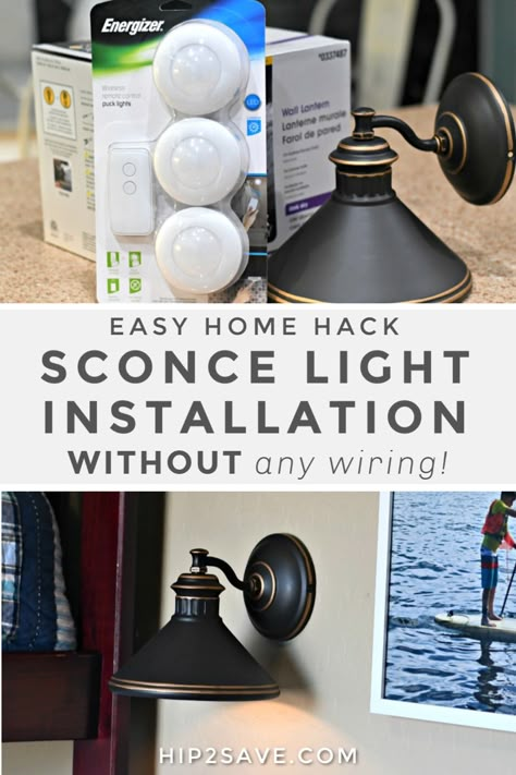 Sconce light fixtures are a beautiful way to add style and light to different areas in your home! We've actually installed several over the years, and I love the personality and interest they give to every space they're in. I'm excited to shed light on how to install a sconce light without any wiring using just a lighting puck! #home #decor #hack #tips #lighting #lights #sconce #pucklight #diy Battery Operated Wall Sconces, Lighting Hacks, Diy Light Fixtures, Diy Lampe, Salon Suites, Puck Lights, Shed Light, Battery Operated Lights, Outdoor Sconces