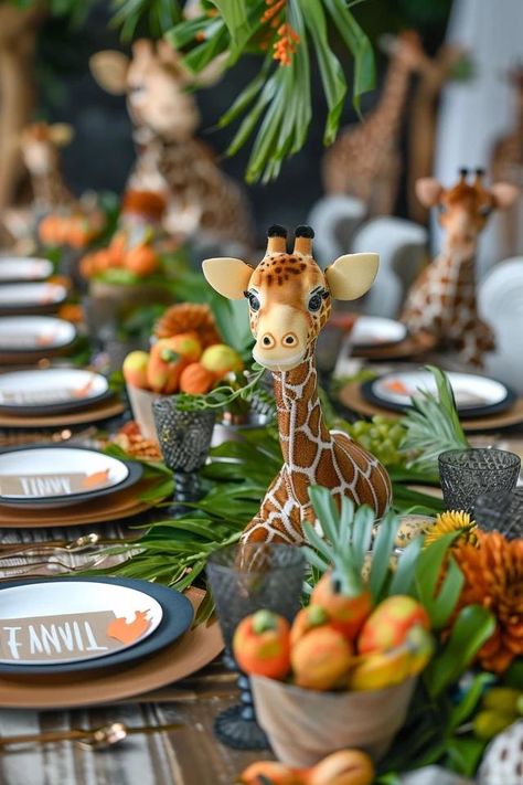 My Top Safari Party Ideas for Wild Fun! Wild One Party Decor, Wild Animal Party Theme, Jungle Table Setting, Safari Decorations Party, Jungle Table Decor, Safari Birthday Party Decorations Diy, Jungle Party Food Ideas, Zoo Animal Baby Shower Ideas, Safari Tablescape