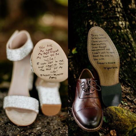 Vows On Shoes, Wedding Shoe Message, Wedding Shoe Writing, Writing On Wedding Shoes, Writing On Bottom Of Wedding Shoes, Wedding Ideas Sentimental, Wedding Photo Ideas Shoes, Bride And Groom Outfit Ideas, Sentimental Wedding Ideas Receptions