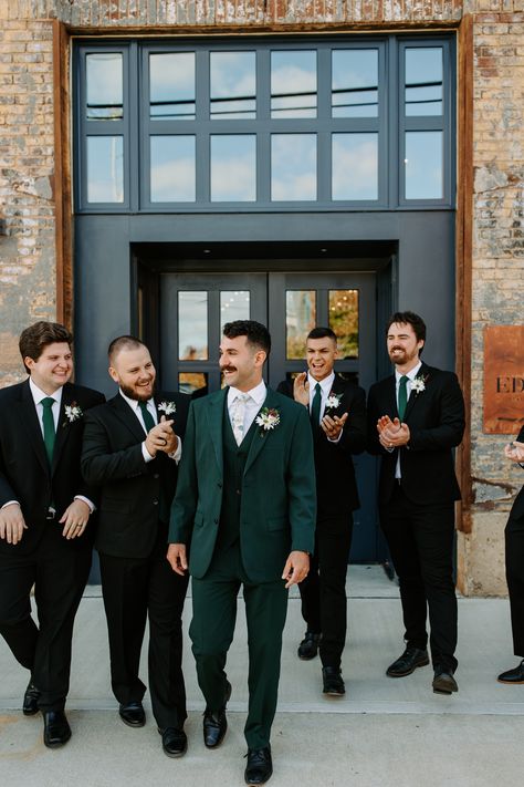 Dark Green Groom Suit With Groomsmen, Hunter Green Mens Suit Wedding, Black Suit Forest Green Tie, Pine Green Groomsmen Attire, Emerald Green Mens Suit Wedding, Deep Green Groomsmen, Groomsmen Forest Green, Dark Green Men’s Suit Wedding, Forest Green Mens Suit