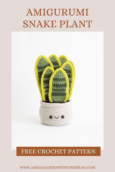 Tired of killing your plants? Let's crochet them instead! This amigurumi crocheted snake plant is super easy to care for and requires no effort in keeping those leaves looking bright and healthy. This plant is perfect for displaying on your desk or bookshelf. Even makes a great gift for your friends who are notorious at killing their plants. This one is much cuter and will always bring a smile to your face! ***Check out this FREE crochet pattern on my blog, www.amenagerieofstichesblog.com*** Plant Crochet Pattern Free, Snake Plant Crochet, Repotting Snake Plant, Plant Crochet Pattern, Succulent Pattern, Plant Crochet, Pattern Snake, Crochet Snake, Crochet Succulent