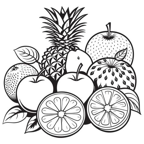 Fruits outline coloring page illustration for children and adult Fruit Outline Drawing, Fruits Outline, Fruit Outline, Fruit Bowl Drawing, Fruits Coloring Pages, Illustration For Children, Page Illustration, Food Sticker, Fruit Logo