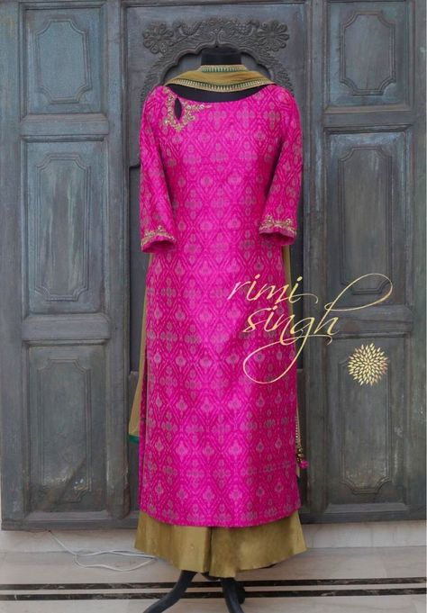 Beauty has many forms, the best one is the truth's smile when one beholds their own face in the mirror.   Magenta Pochampally, handloom raw silk kurta with dabka hand embroidery on the neckline and sleeves paired with an olive green cotton silk palazzo and  chinnon chiffon dupatta with darker green sitara tikki border.  Available exclusively at  Rimi Singh Studio A 999 Sushant Lok 1  Gurgaon  #9818310054 Silk Ikkat Kurta Designs, Patola Silk Kurti Designs, Raw Silk Salwar Suit, Ikkat Silk Kurta Designs, Ikkat Dupatta With Dress, Mashroom Silk Kurti, Green Silk Dupatta, Pochampally Kurtis Designs, Raw Silk Kurti Designs