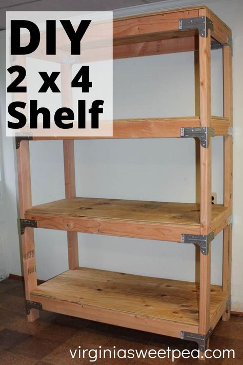 DIY 2x4 Shelf - Learn how to make a super handy shelving unit with plyboard and 2x4 lumber. This is great for a garage, basement, or shed. #2x4project #diyshelves #diyshelvingunit via @spaula Basement Shelving, Diy Storage Shelves, Diy Wood Shelves, Garage Storage Shelves, Diy Home Accessories, Basement Storage, Diy Garage Shelves, Diy Garage Storage, Garage Shelf