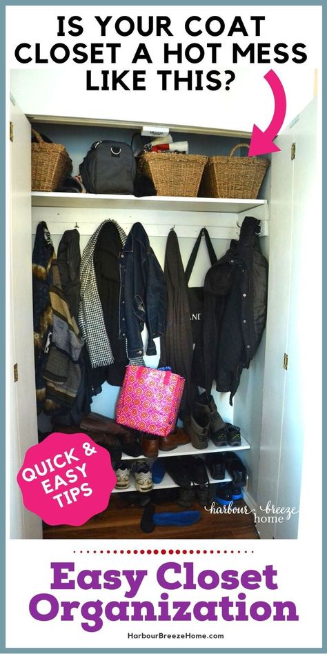 Front Closet Makeover, Entryway Coat Closet, Small Entryway Closet, Small Entry Closet, Entry Closet Organization, Coat Closet Storage, Hall Closet Organization, Coat Closet Makeover, Coat Closet Ideas