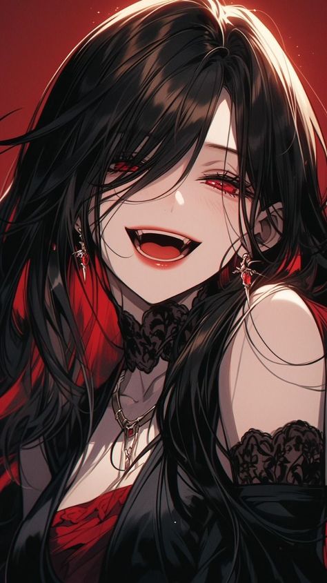 Anime Oc Female Black Hair Red Eyes, Black Hair And Red Eyes Anime, Red Characters Anime, Vampire Anime Woman, Vampire Female Oc, Black Hair Red Eyes Girl, Anime Black Hair Red Eyes, Black Haired Vampire, Black Hair Anime Characters