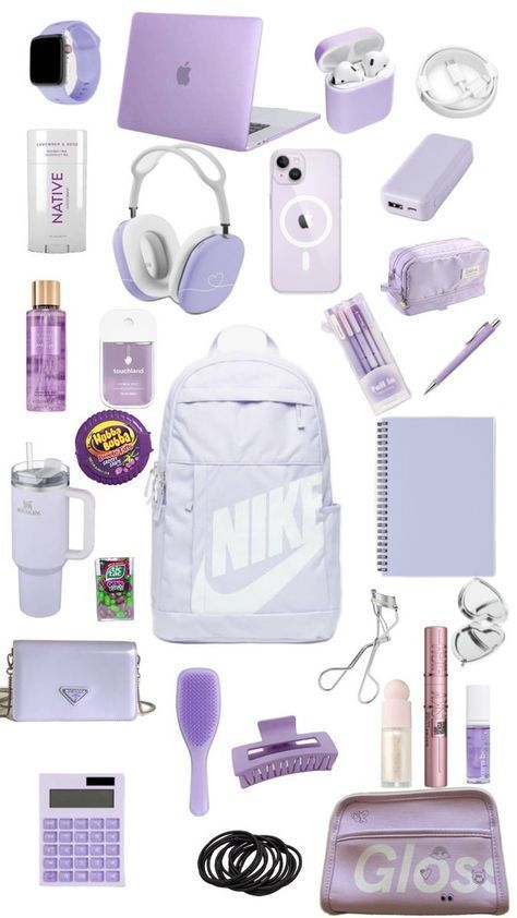 Purple Aesthetic Stationary, Purple School Supplies Aesthetic, Purple Backpack Aesthetic, Purple School Aesthetic, Purple School Supplies, Purple Stationary, Backpacks Aesthetic, School Emergency Kit, School Backpack Essentials