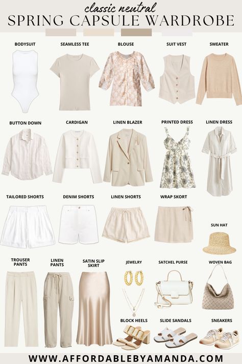 Classic Neutral Spring Capsule Wardrobe 2024 - Affordable by Amanda Feminine Wardrobe Capsule, White Clothing Aesthetic, Soft Natural Capsule Wardrobe, Cute Neutral Outfits, Beige Capsule Wardrobe, Capsule Wardrobe 2024 Spring, Nuetral Pallete Outfits, Neutral Wardrobe Capsule, Womens Capsule Wardrobe