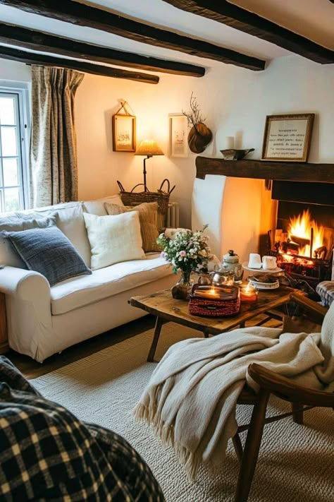 cozy_english_cottage_living_room_ideas (40) Tiny Living Room Ideas With Fireplace, Cost Cottage Living Room, English Cottage Living Room Decor, Living Room English Cottage, Cosy English Cottage, Minimalist Cottage Living Room, Cottagecore Interior Design Living Room, English Farmhouse Living Room, Small Cottage Living Room Ideas