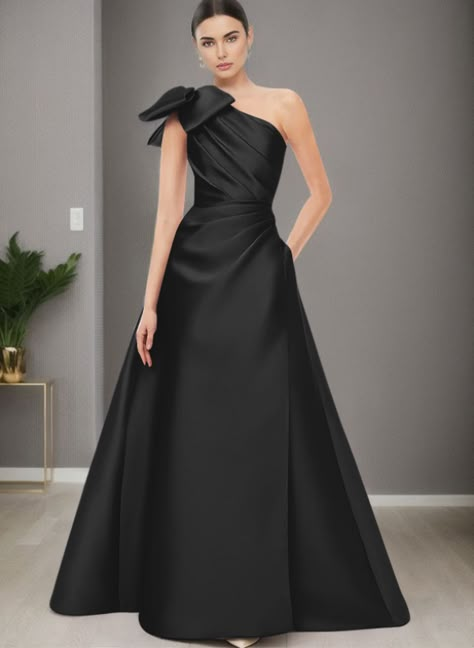 A-Line One-Shoulder Satin Evening Dresses With Bow(s)/Pockets Ninang Outfit, June 2024 Wedding, Look More Feminine, Dresses With Bow, Gaun Dress, Black Tie Dress Code, Satin Evening Gown, Satin Evening Dresses, Mother Of Groom Dresses