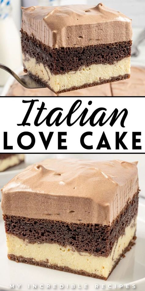 This Italian love cake is a scrumptious dessert for Valentine's Day or any occasion! It is a delightful chocolate cake made with a ricotta base that is then topped with a rich chocolate pudding frosting. A luscious and melt-in-your-mouth cake this love cake will be the talk of the night. Try it today! Chocolate Pudding Frosting, Italian Love Cake, Pudding Frosting, Italian Love, Postre Keto, Italian Cake, Dessert Simple, Scrumptious Desserts, Cake Mix Recipes