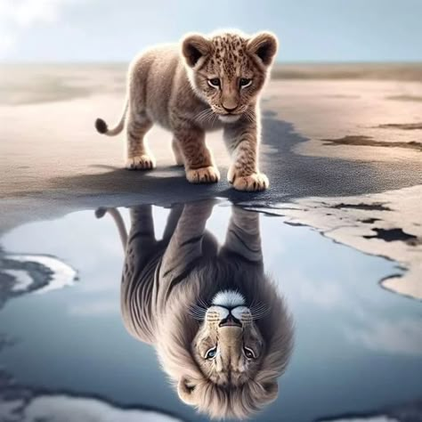 A curious baby lion cub looking into a puddle of water with a reflection of itself as an adult lion with large bushy mane, rendered in a photorealistic style with elements of fantastic realism. . . . . . . . . . . . . . . . . . #lionimages #insparing #inpirationalquotes #motivational #inspartional #motivation #postoftheday #photooftheday #aiimages ##tranding #viralreels #viral #viralvideos #instagrmreels #funny #motivationlimages #deepmeaningimages @_neeraj__2926 Lion Drinking Water Tattoo, Lion Cub Tattoo, Puddle Of Water, Baby Lion Cubs, Cubs Tattoo, Night Wolf, Lion Photography, Water Tattoo, Lions Photos