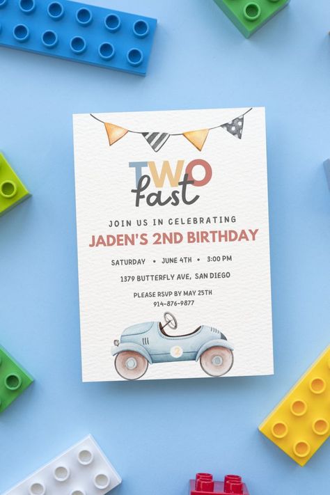 2nd Birthday Invitation Card, Bday Invitation Card, Two Fast Birthday Invitation, 2nd Birthday Boy, Two Fast Birthday, Baby Birthday Card, Birthday Invitation Card Template, 2nd Birthday Boys, Baby Birthday Invitations