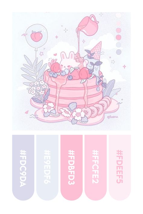 A cute color palette to inspire your next drawing! Colors picked from an illustration by @ajtuana 🥰💕 Pastel Cool Color Palette, Cute Pastel Palette, Kawaii Colors Palette, Kawaii Pallete Color, Pastel Pink Pallet, Colors Aesthetic Palette, Cute Colour Pallete, Kawaii Color Pallete, Procreate Color Palette Pastel