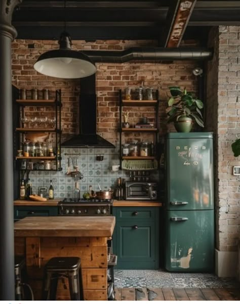 Colorful Industrial Interior Design, Boho Industrial Interior, Wood And Color Kitchen, Scandi Rustic Decor, Colorful Industrial Interior, Industrial Boho Kitchen, Dark Boho Kitchen, Boho Rustic Kitchen, Scandi Boho Kitchen