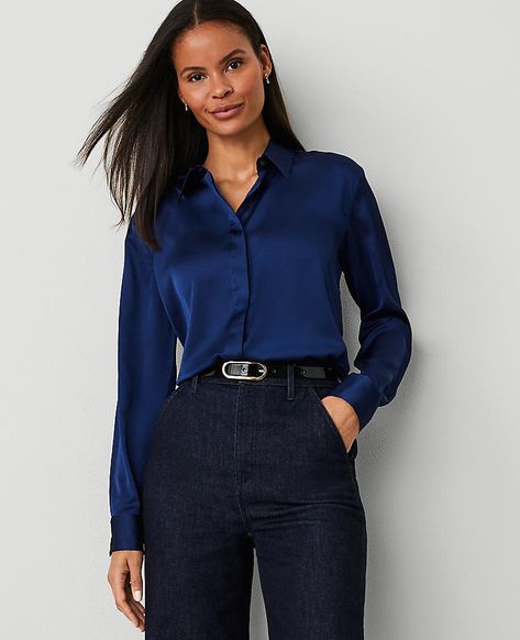 Blue Silk Blouse Outfit, Blue Satin Blouse Outfit, Blue Silk Shirt Outfit, Blue Satin Shirt Outfit, Blue Satin Outfit, Navy Blue Shirt Outfit Women, Navy Blue Blouse Outfit, Silk Button Down Shirt Outfit, Navy Blue Shirt Outfit