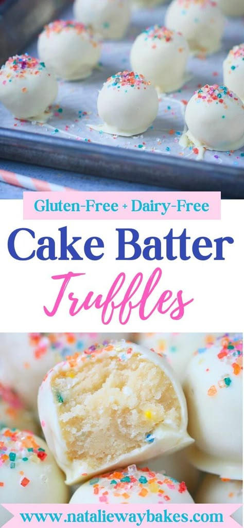 These Cake Batter Truffles are no-bake, easy to make, gluten-free, dairy-free, and taste absolutely delicious- Like little bites of soft melt in your mouth cookie dough. The perfect little bon bon delights! #glutenfree #dairyfree #truffles #cakebattertruffles Gluten Free Desserts For One, Allergy Free Cake, Gluten Friendly Desserts, Christmas Treats Gluten Free Dairy Free, Gf Df Dinner Ideas, Gluten And Dairy Free Cake Pops, Dairyfree Dessert Recipes, Non Dairy Recipes Dessert, Dairy Free Cake Pops Recipes