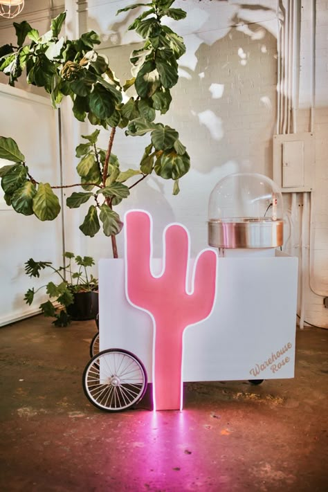 Disco party cowboy style, our free hand catcus neon paired with our Warehouse Rose cotton candy cart Cowboy Disco, Disco Rodeo, Cotton Candy Cart, Cowboy Party Decorations, Neon Cowboy, Desert Disco, Desert Party, Disco Cowboy, Cowboy Theme Party