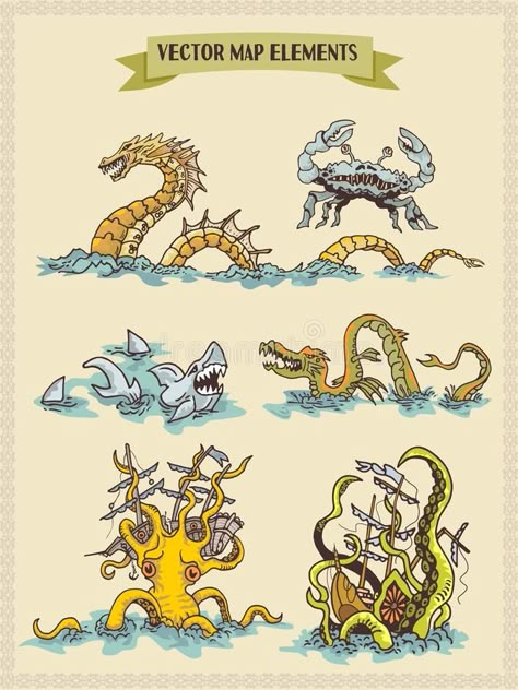 Vector Map Elements, Colorful, Hand Draw - Sea Monsters and Fantasy Creatures for Pirate Treasure Map Stock Illustration - Illustration of heraldic, draw: 109857628 Drawing Ideas Sea, Treasure Map Drawing, Fantasy Map Drawing Ideas, Fantasy Map Ideas, Fantasy Map Drawing, Map Drawing Ideas, Sea Monsters Drawing, Map Elements, Map Sketch