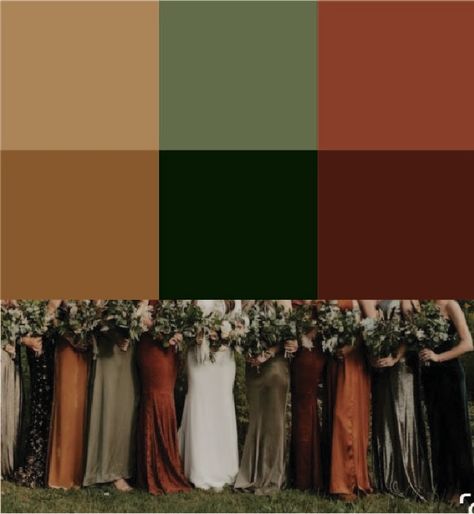 Bohemian Wedding Bridesmaids Dresses, Dark Green And Dark Orange Wedding, Fall Wedding Colors Bronze, Green Blue Orange Bridesmaids, Fall Color Palette Bridesmaid Dresses, Earthy Tones For Wedding, Bridesmaid Rustic Dresses, October Wedding Outside, Dark Orange And Green Wedding