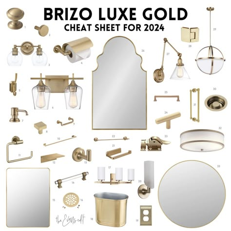 UPDATED FOR 2024 - Brizo's Luxe Gold plumbing fixtures for your bathroom or kitchen remodel. Works perfectly with Delta Champagne Bronze or Honey Bronze, too. Discover the sophisticated and stylish warmth of Luxe Gold, a perfect addition to your spaces. Check out our Cheat Sheet with links for more information. Mirrors, lighting, sconces, knobs, handles, pulls, hinges, towel bars and rings, hooks, drain covers, waste baskets, light switch covers and more. Check it out! Mixing Bathroom Hardware, Gold Bathroom Inspiration, Brushed Gold And White Bathroom, Master Bath Plumbing Fixtures, Matte Gold Bathroom Fixtures, Champagne Bronze Kitchen Lighting, Champagne Gold Hardware, Gold And Nickel Bathroom, Brushed Gold Light Fixtures