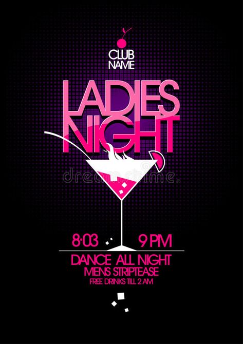 Night Party Poster Design, Ladies Night In Party Ideas, Ladies Night Poster, Cocktail Bar Branding, Ladies Night Ideas, Ladies Night Flyer, Party Poster Design, Bar Posters, Ladies Night Party