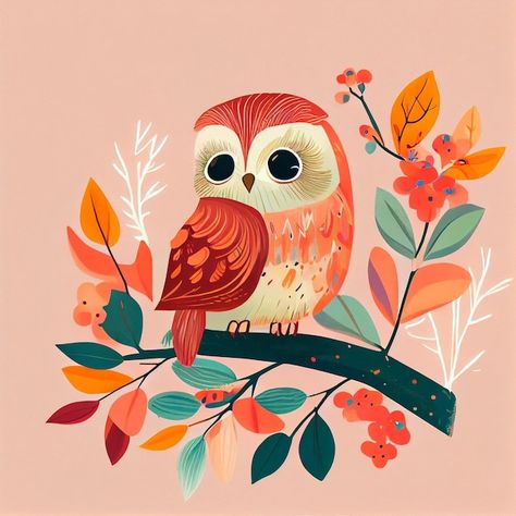 Owl Cute Illustration, Bird Cute Illustration, Owl Vector Illustration, Owl Cute Drawing, Bird Cartoon Cute, Cute Owl Painting, Cute Winter Illustration, Owl Illustration Art, Owls Illustration