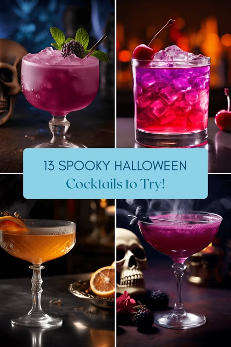 Get into the spirit with these 13 spellbinding Halloween cocktail recipes. From the Black Cat to Freddy Krueger, these spooky drinks are sure to cast a delightful spell on your taste buds! Fun Halloween Drinks, Spooky Cocktails, Halloween Recipes Drinks, Purple People Eater, Halloween Drinks Alcohol, Cocktail Names, People Eater, Purple People, Halloween Cocktail