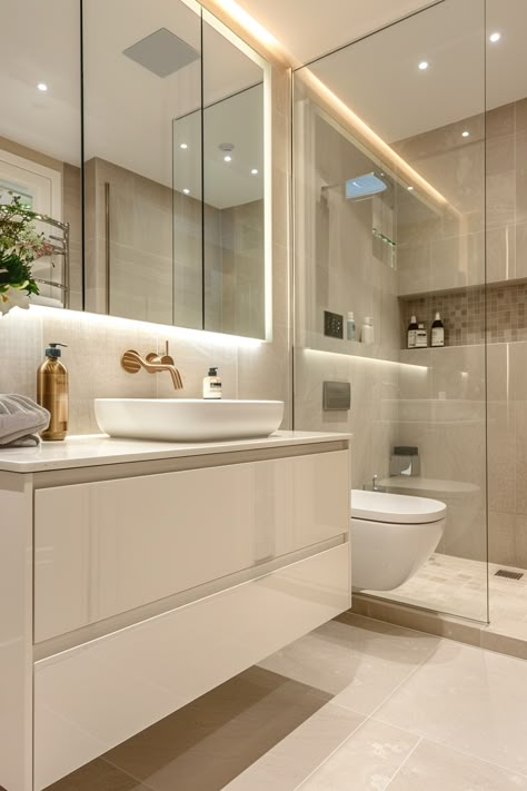 Transform Your Space: Explore This Sleek & Modern Bathroom Design! Luxurious White Bathroom, Bathroom Inspo Minimalist, Elegant White Bathroom Ideas, Cozy Shower Ideas, White Bathroom Gold Accents, Modern Sleek Bathroom, Spacious Bathroom Ideas, Minimalistic Bathroom Design, Modern White Bathroom Design