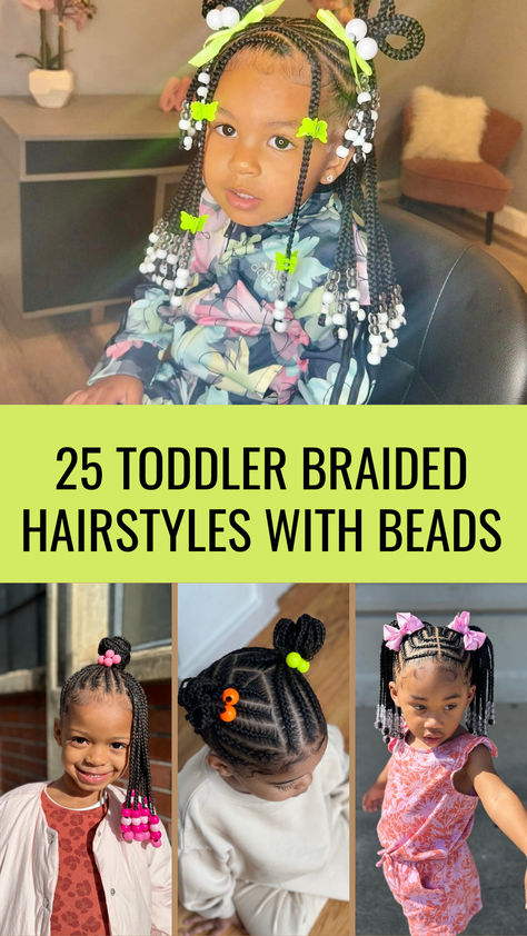 Collage of adorable toddler braided hairstyles featuring colorful beads, showcasing various styles from top knots to pigtails. Perfect inspiration for creative and fun hairstyles that toddlers will love! Toddler Hair With Beads, Braid Hairstyles For Toddlers, Braided Toddler Hairstyles, Baby Girl Braided Hairstyles, Toddler Girl Braid Styles With Beads, Toddler Braids African American, Toddler Braids With Beads, African American Toddler Hairstyles, Toddler Cornrow Styles