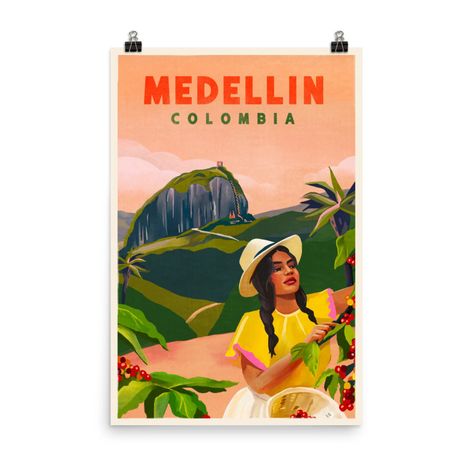 Medellin Colombia Vintage Travel Art Poster | Etsy Colombia Illustration, Coffee Plan, Playful Home, Retro Gift Ideas, Christmas Gift Ideas For Friends, Funny Typography, Art Scenery, Whiskey Ginger, Scenery Art